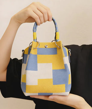 Mini Gebreide Bucket Bag Dames - Kleurrijk Colorblock Polstasje met Afneembare Handgreep