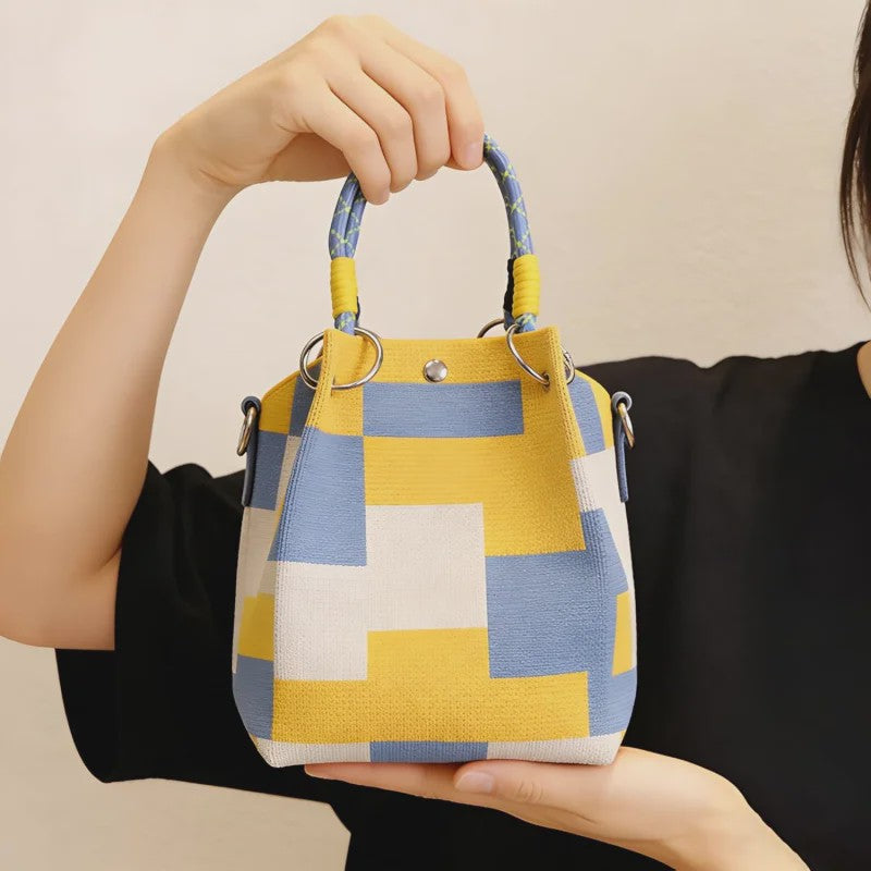 Mini Gebreide Bucket Bag Dames - Kleurrijk Colorblock Polstasje met Afneembare Handgreep