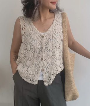 Gehaakt Vest Dames met Bloemen Borduurwerk - Zomer Boho Festival Cardigan