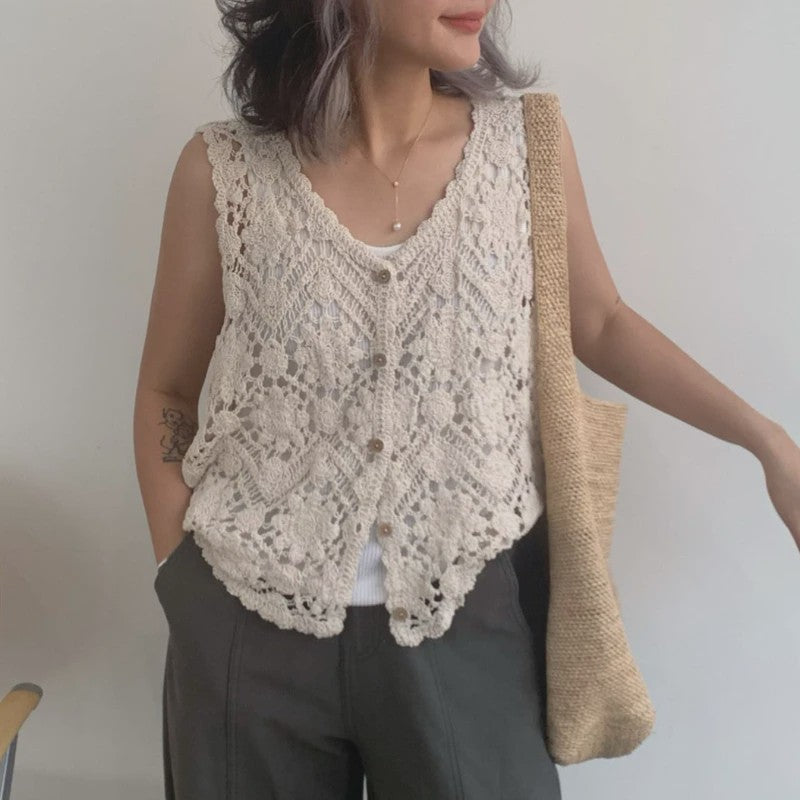 Gehaakt Vest Dames met Bloemen Borduurwerk - Zomer Boho Festival Cardigan
