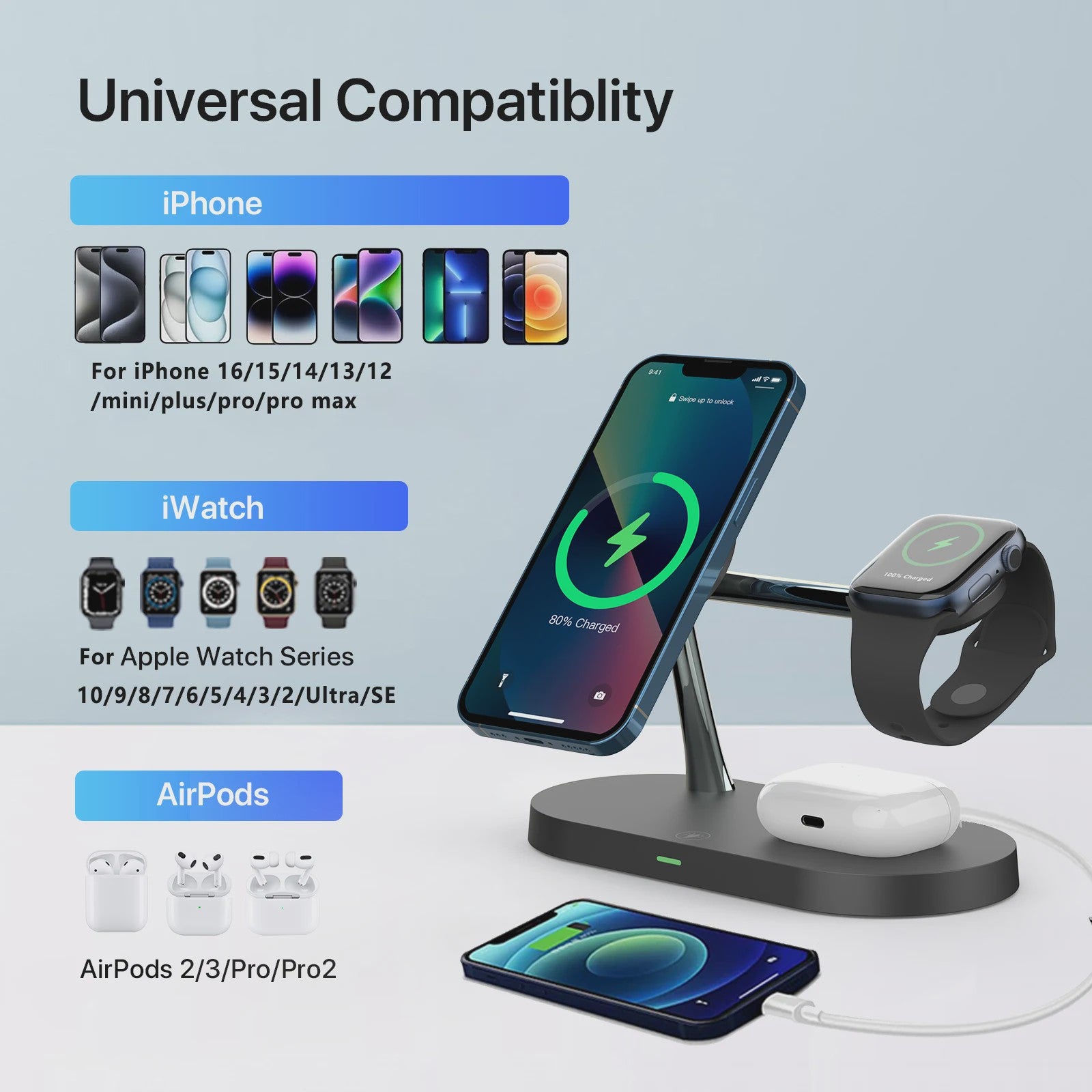3-in-1 Draadloze Oplaadstandaard voor iPhone, Apple Watch & AirPods - Snel & Netjes