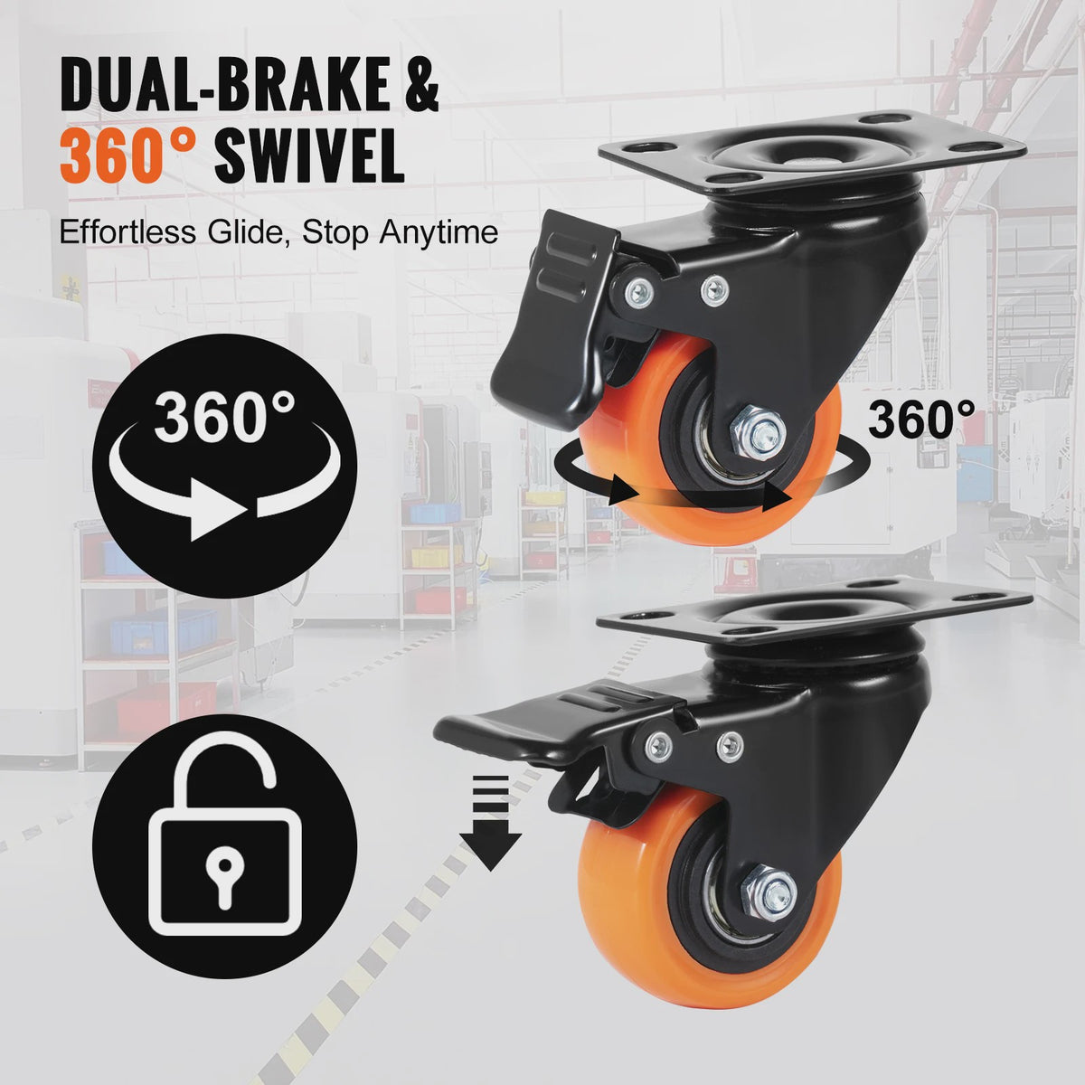 Set van 4 Zwenkwielen met Dubbel Rem & PVC Wielen - Diverse Maten