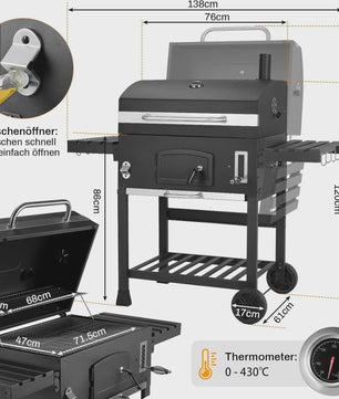 XXL Barbecue Smoker Trolley met Wielen, Thermometer en RVS Handvat