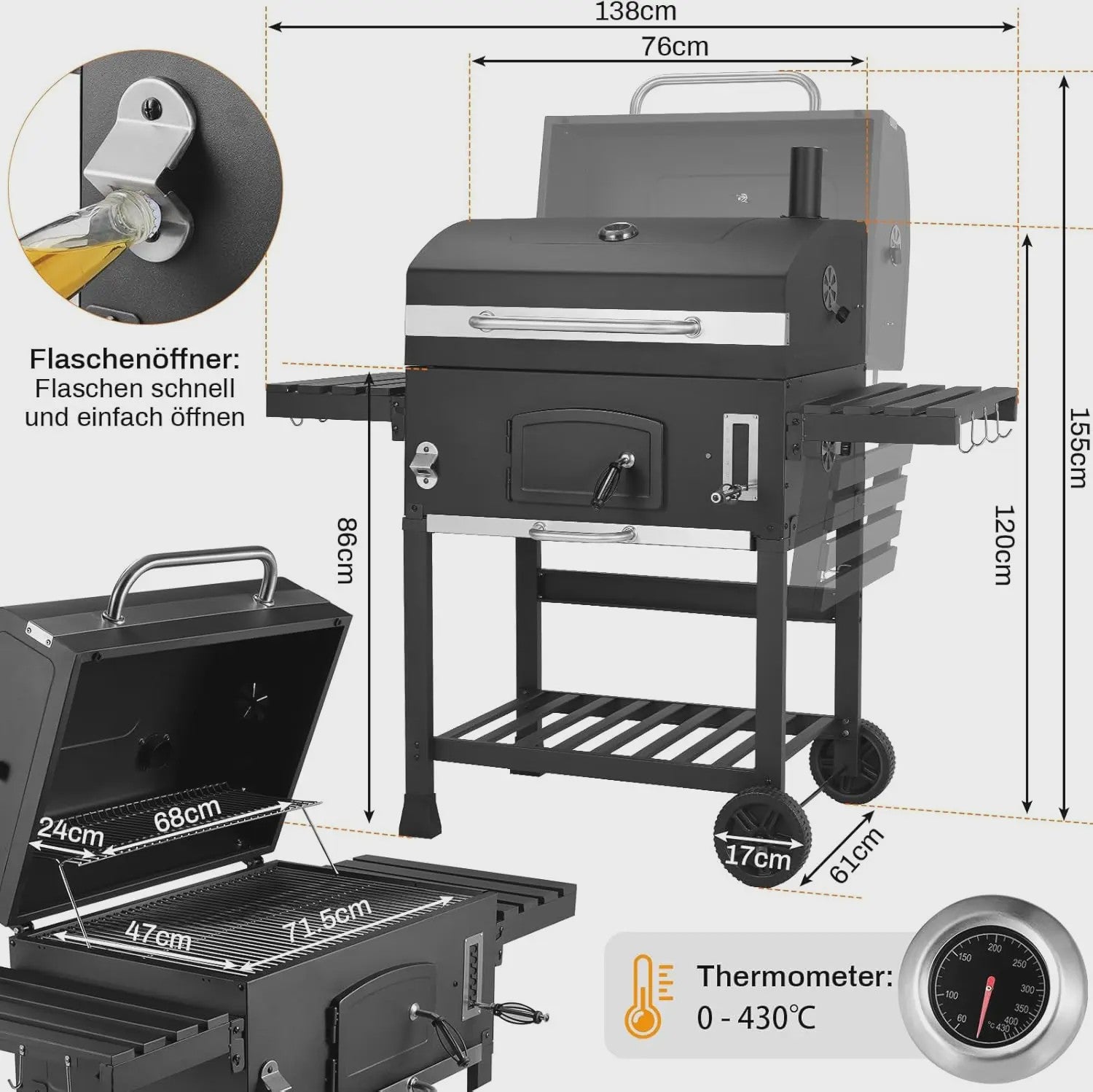 XXL Barbecue Smoker Trolley met Wielen, Thermometer en RVS Handvat
