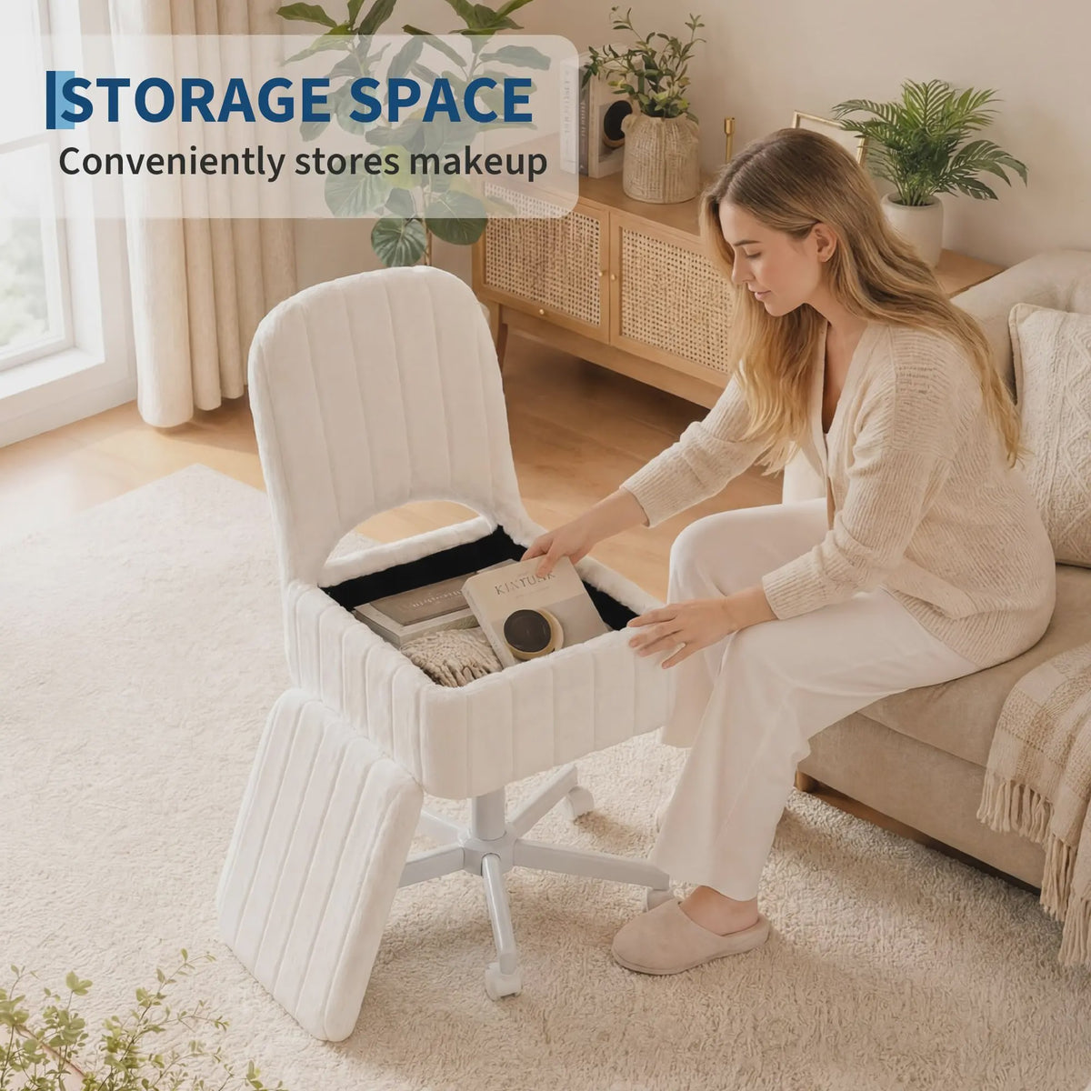 Comfortabele Make-up Stoel met Opbergruimte, Verstelbaar & Opvouwbaar - Wit