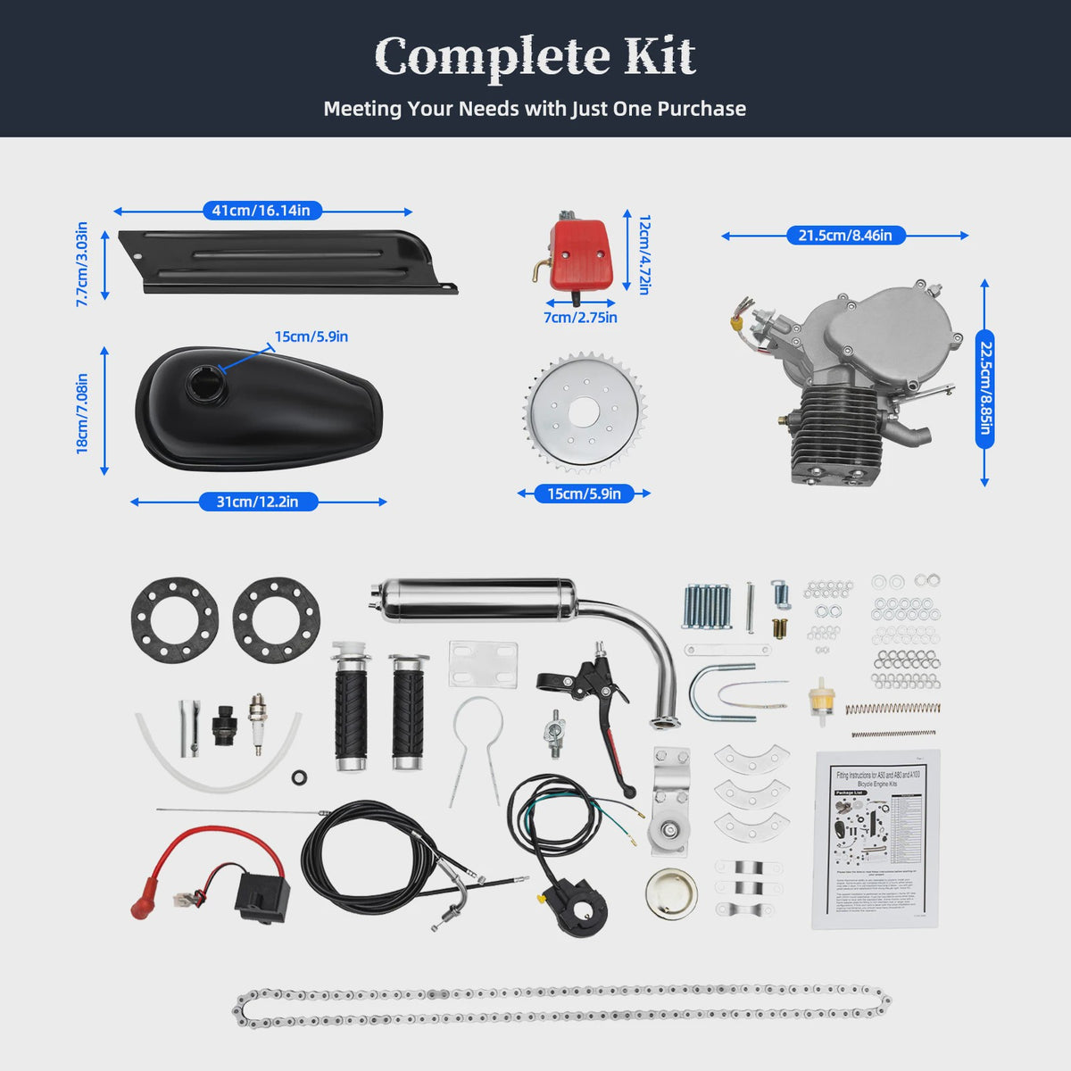 100CC 2-Takt Fietsmotor Kit - Benzine Motor voor Fietsen - Luchtgekoeld