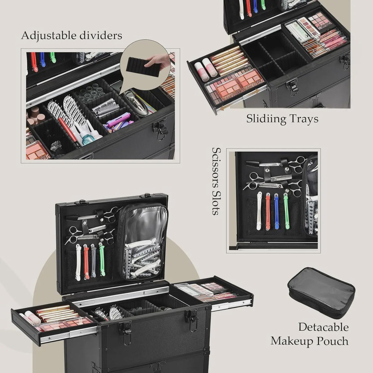 Professionele Make-up Trolley met Uitschuifbare Tafel en Wielen