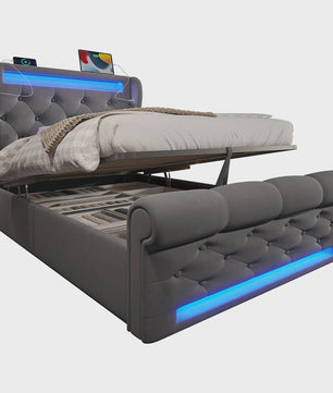 Modern Gestoffeerd 1-persoonsbed 90x200cm met LED-verlichting, USB/Type-C en Hydraulische Opbergruimte