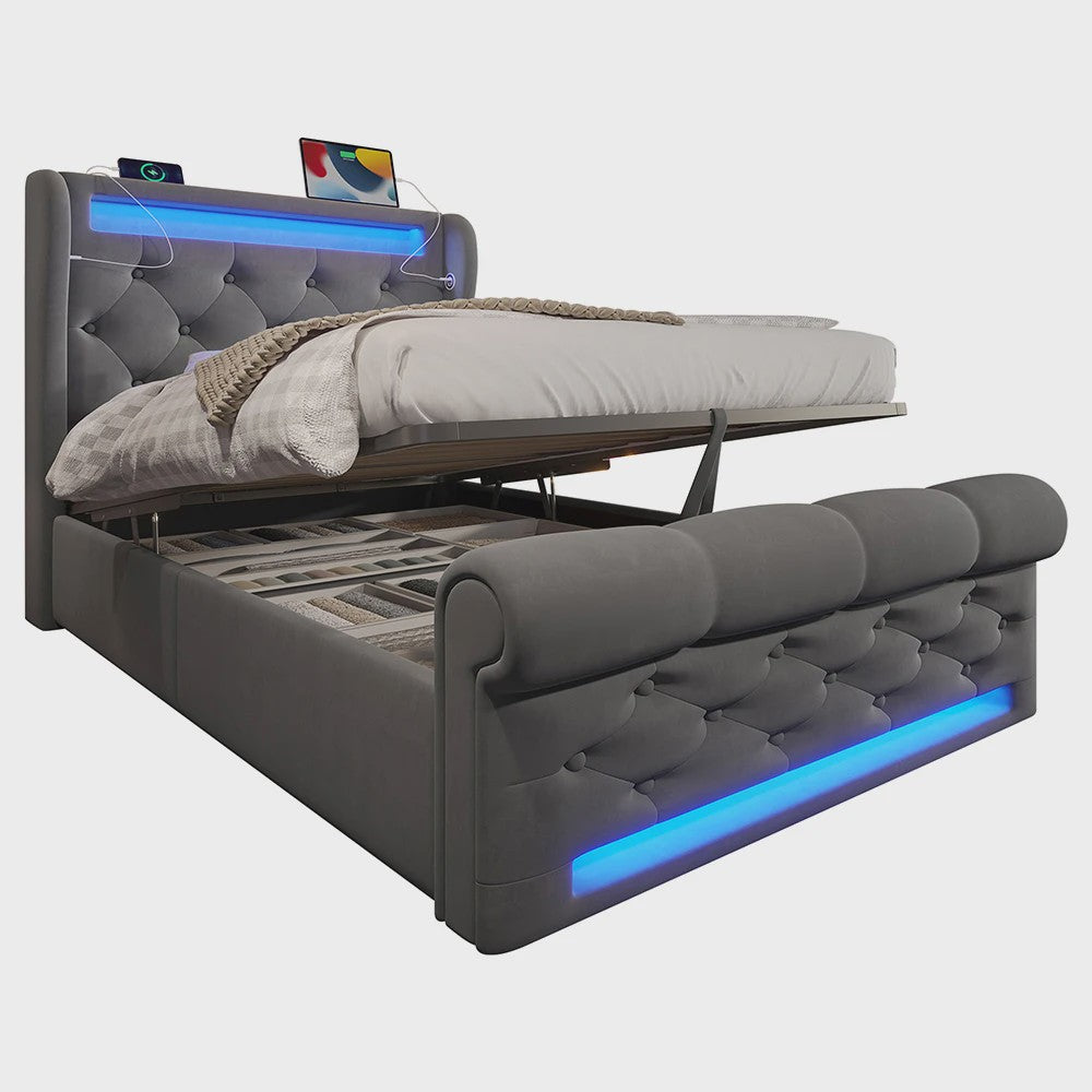 Modern Gestoffeerd 1-persoonsbed 90x200cm met LED-verlichting, USB/Type-C en Hydraulische Opbergruimte