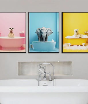 Grappige Dieren Poster Set - Kangoeroe, Nijlpaard, Olifant in Bad - Canvas Muurdecoratie