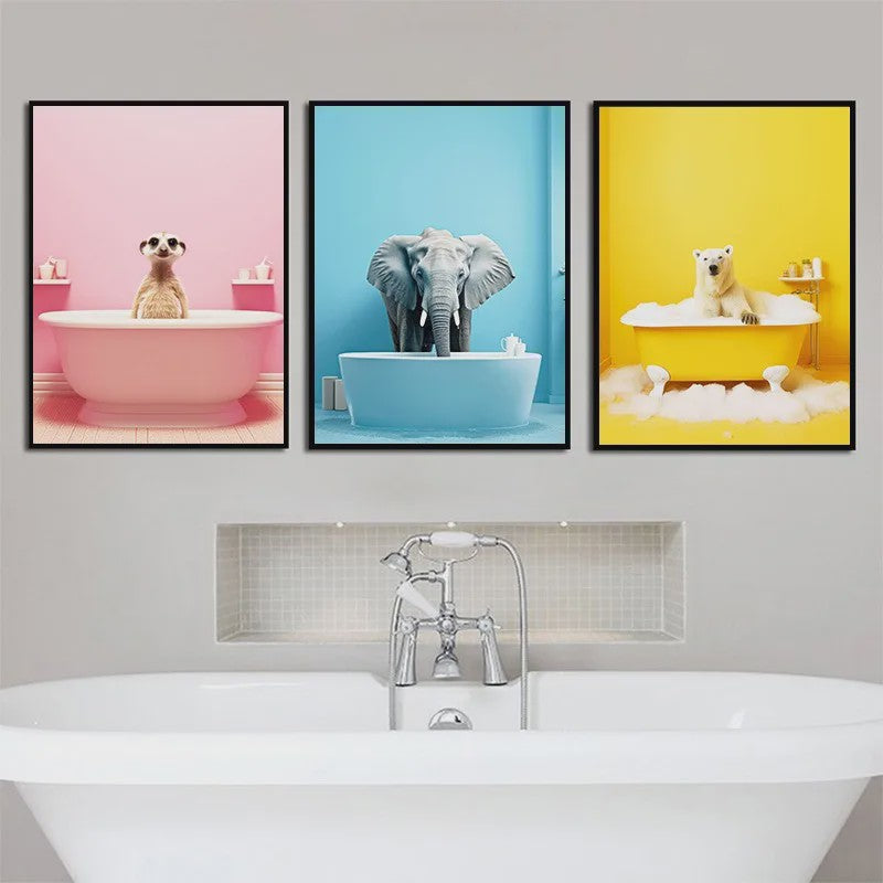 Grappige Dieren Poster Set - Kangoeroe, Nijlpaard, Olifant in Bad - Canvas Muurdecoratie