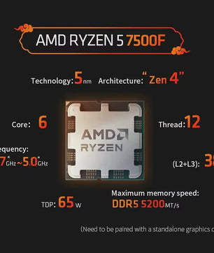 AMD Ryzen 5 7500F Processor: 6 Cores, 12 Threads, 5.0GHz, AM5 Socket - Krachtige Gaming CPU
