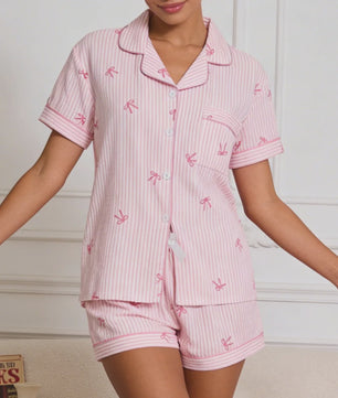 Dames Pyjama Set: Loungewear met Strikjes Print - Korte Mouw & Short