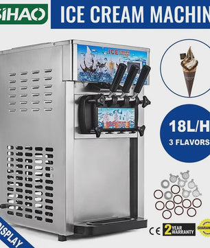 Professionele Soft Serve IJsmachine - 3 Smaken, 18L/U, 1200W, Roestvrij Staal