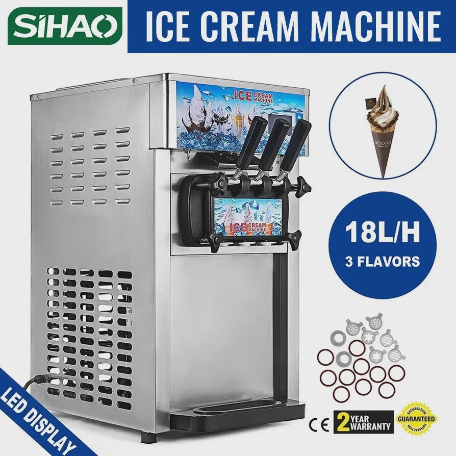 Professionele Soft Serve IJsmachine - 3 Smaken, 18L/U, 1200W, Roestvrij Staal