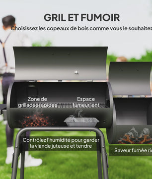 Outsunny Charcoal Smoker BBQ Grill met Thermometer, Wielen en Zijplanken - Zwart