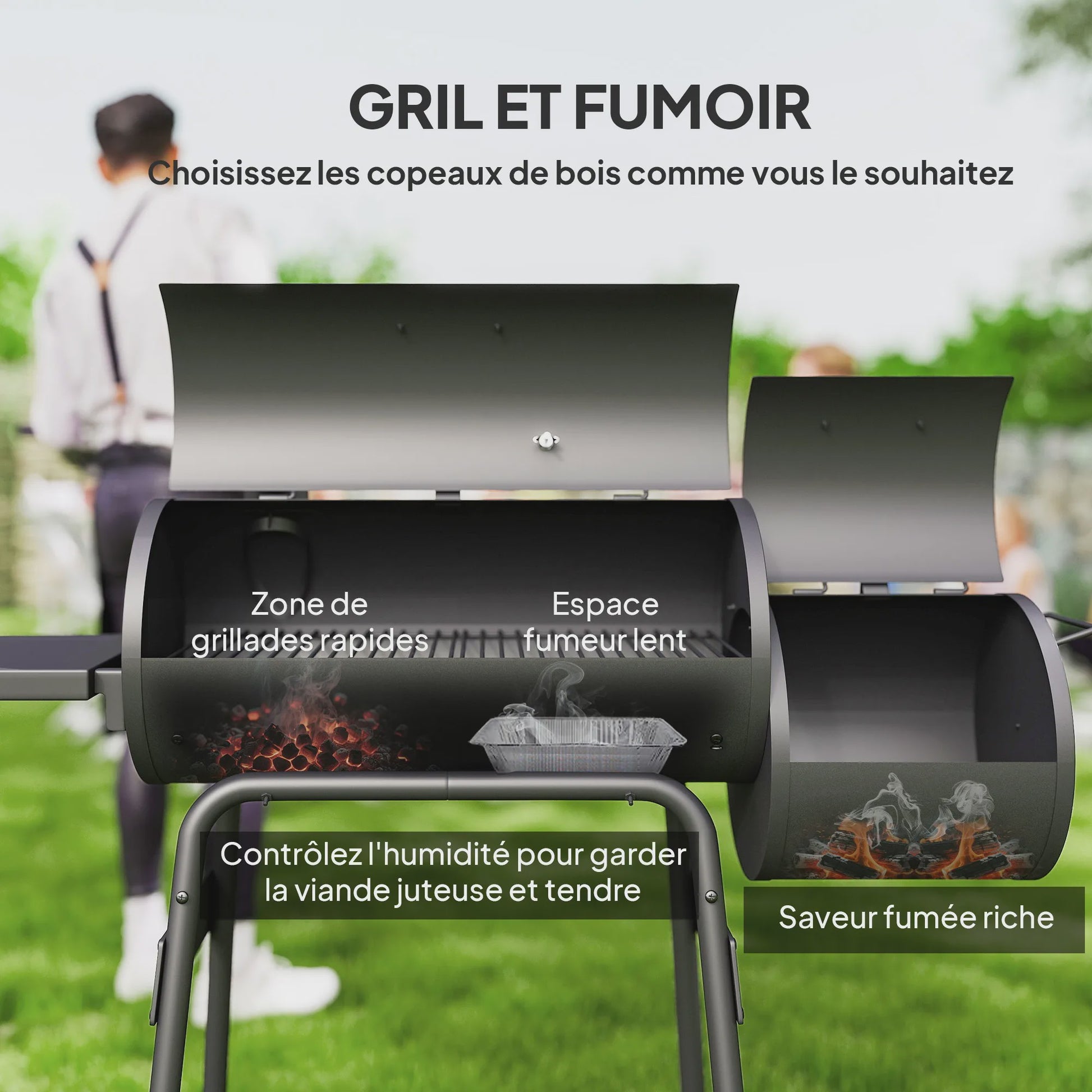 Outsunny Charcoal Smoker BBQ Grill met Thermometer, Wielen en Zijplanken - Zwart