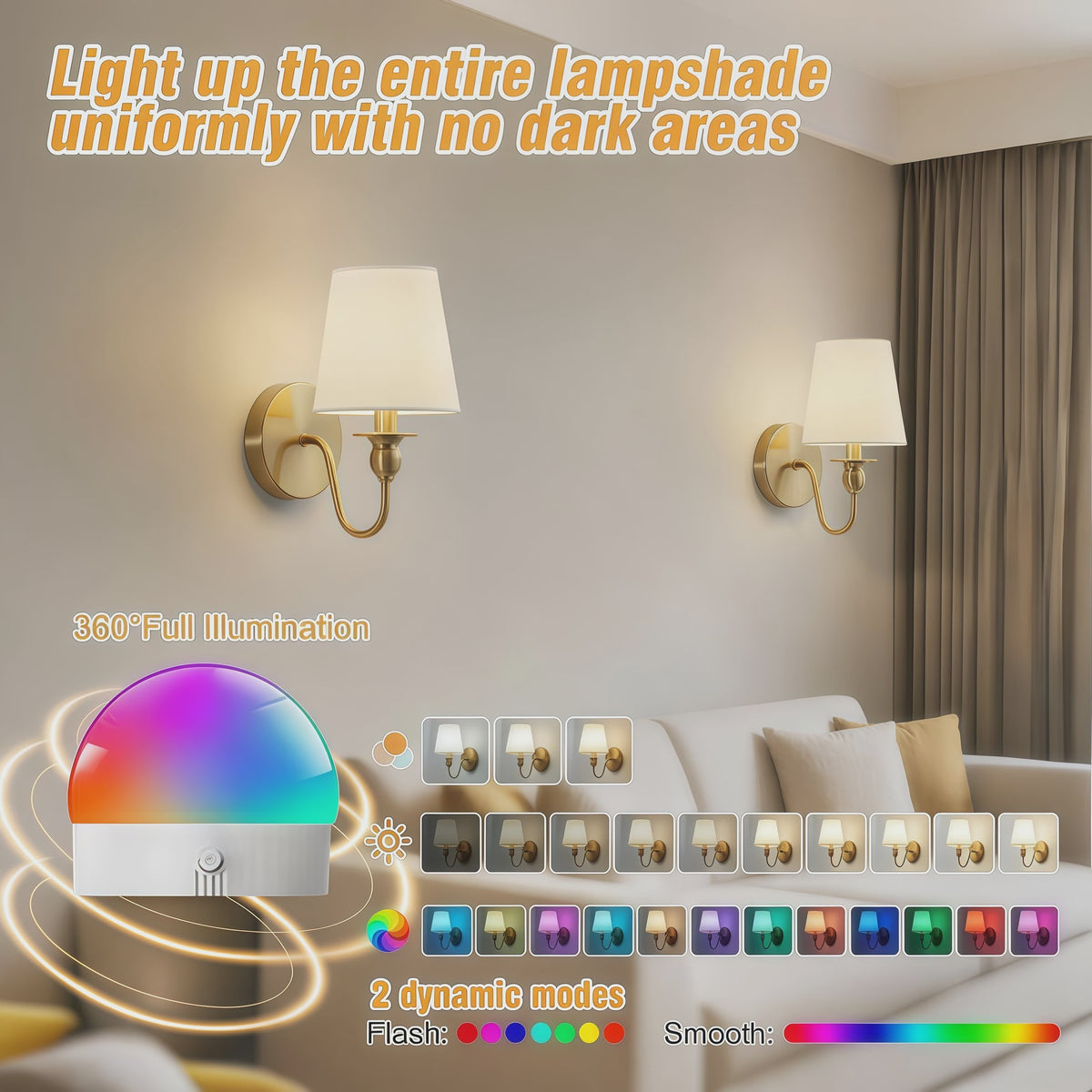 Draadloze Wandlamp Goud met Afstandsbediening & 15 Kleuren LED - Oplaadbaar, Dimbaar, Stoffen Kap