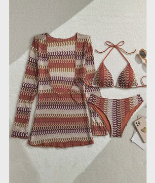 Drieparts Bikini Set met Lange Mouwen Cover-up - Stijlvol en Uniek Print