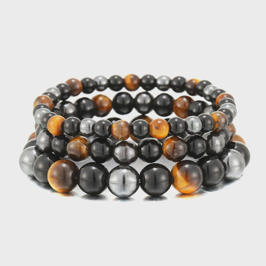 Natuurlijke Obsidian, Hematiet & Tijgeroog Kralen Armband - Mannen & Vrouwen