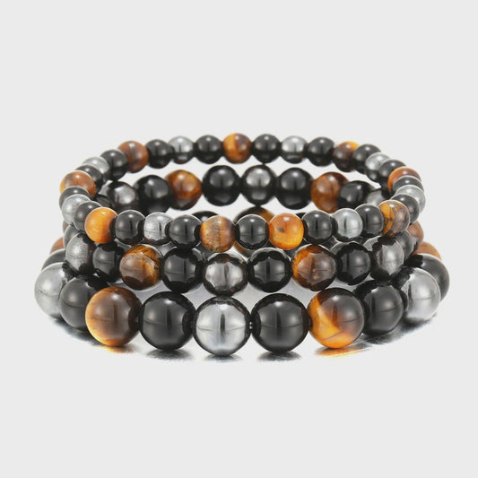 Natuurlijke Obsidian, Hematiet & Tijgeroog Kralen Armband - Mannen & Vrouwen