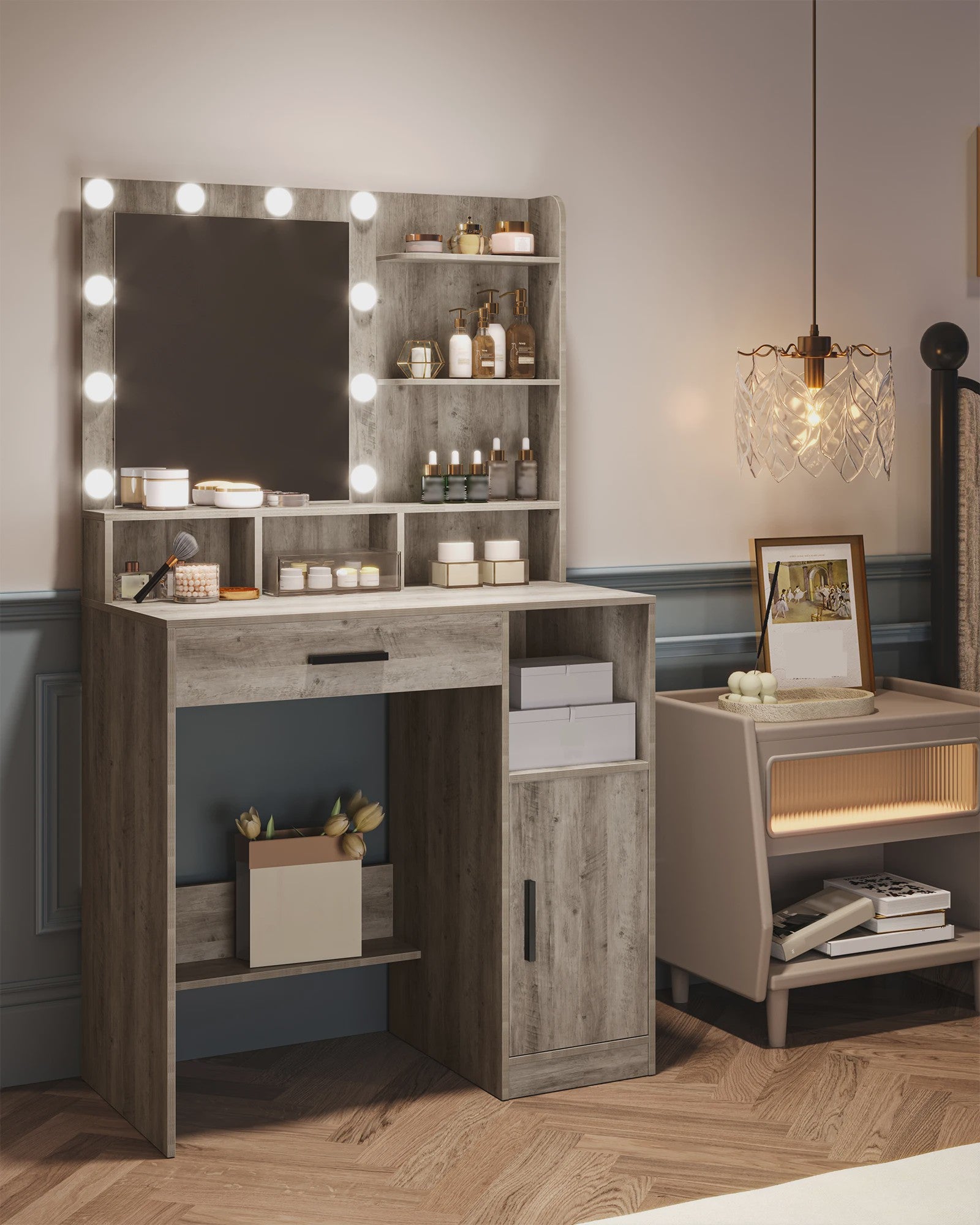 Stijlvolle Kaptafel met Spiegel en 10 LED Lampjes - Veel Opbergruimte & Lade