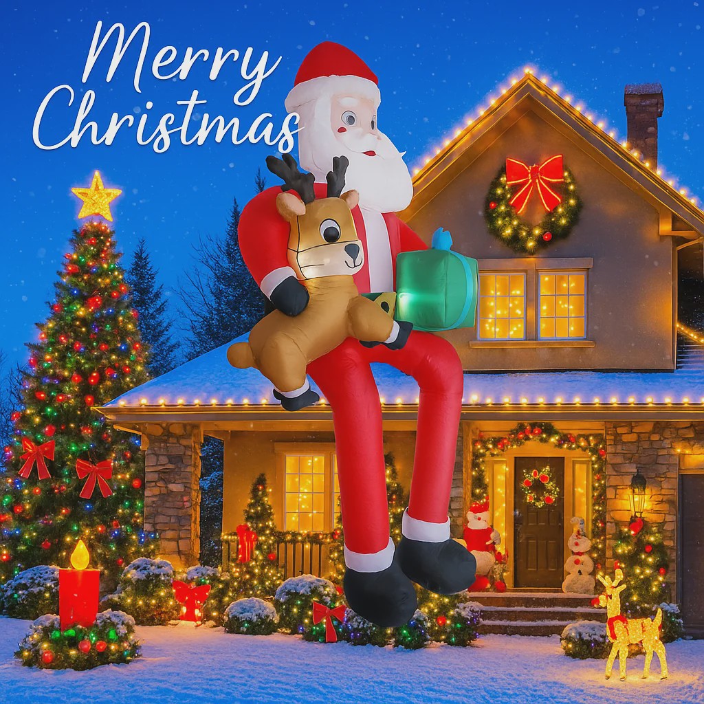 Opblaasbare Kerstman met Rendier - 290cm - Tuindecoratie met LED