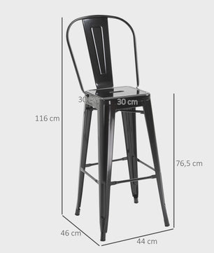 Homcom Set of 4 Metal Bar Stools High Stool Industrial Bar Chair with Backrest Seat Height 76.5 cm Black Metal