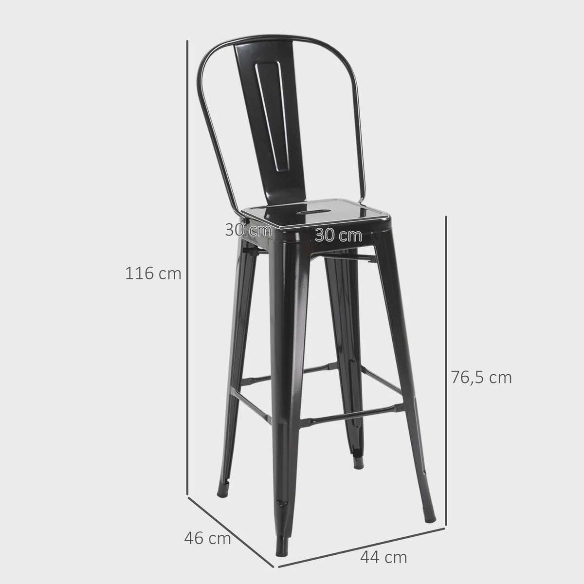 Homcom Set of 4 Metal Bar Stools High Stool Industrial Bar Chair with Backrest Seat Height 76.5 cm Black Metal