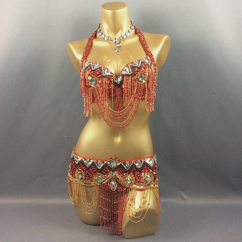 Dames Buikdans Set: Luxe Beaded Bh & Heupsjaal met Franjes