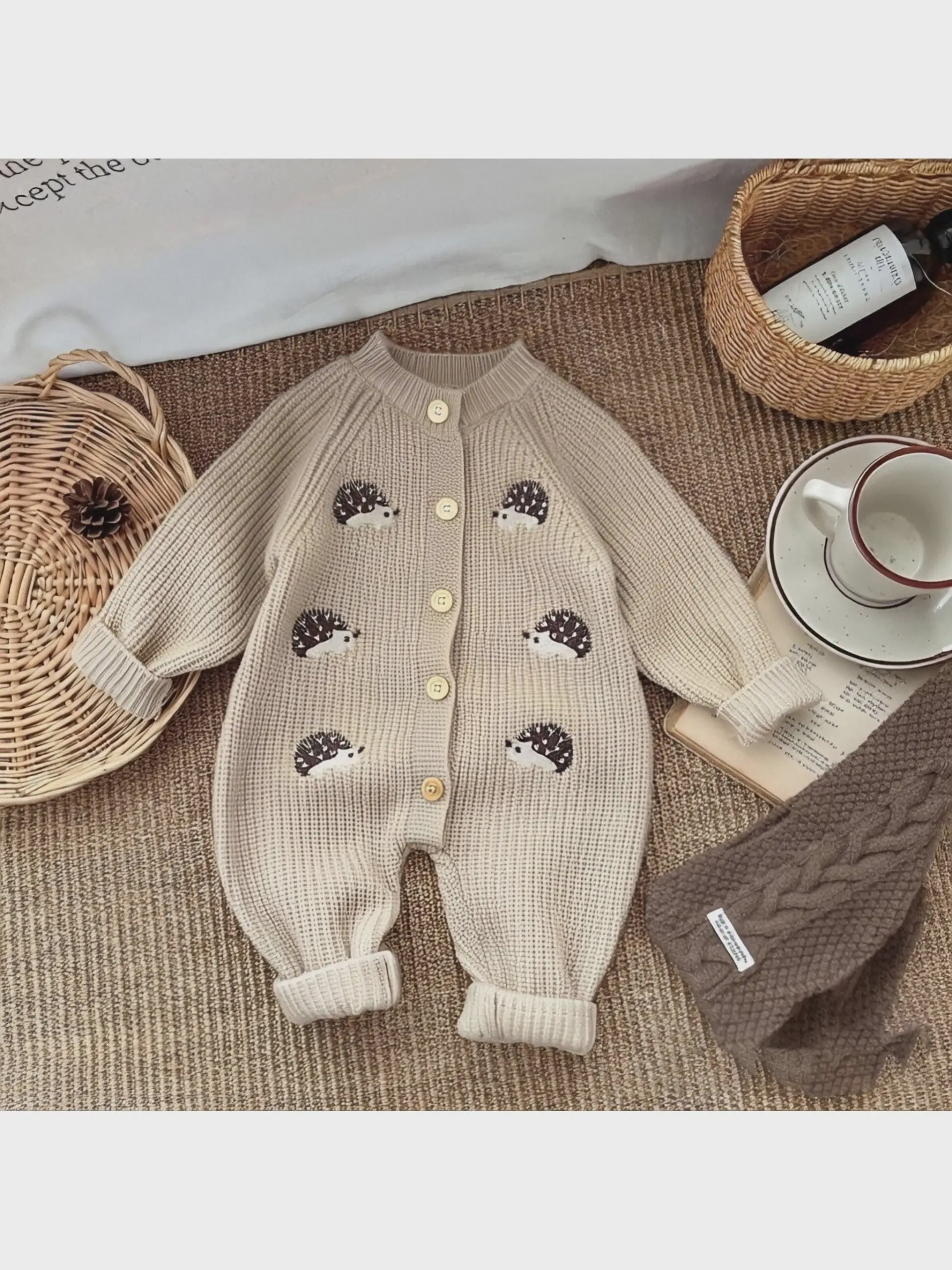 Schattige Baby Gebreide Jumpsuit met Egel Print - Lente & Herfst Kruippakje