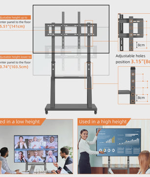 Robuuste Mobiele TV Trolley met Verstelbare Hoogte en 2 Opbergplanken