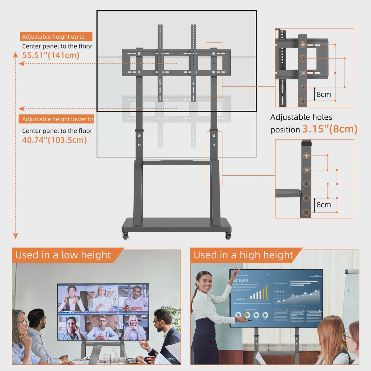 Robuuste Mobiele TV Trolley met Verstelbare Hoogte en 2 Opbergplanken