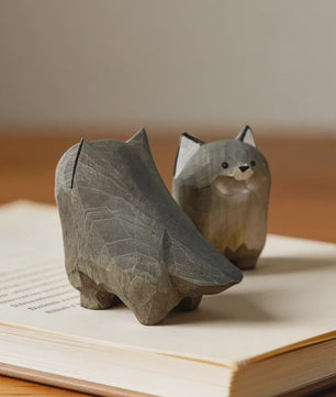 Handgemaakte Houten Mini Wolf Beeldje - Schattig Dieren Decoratie voor Bureau