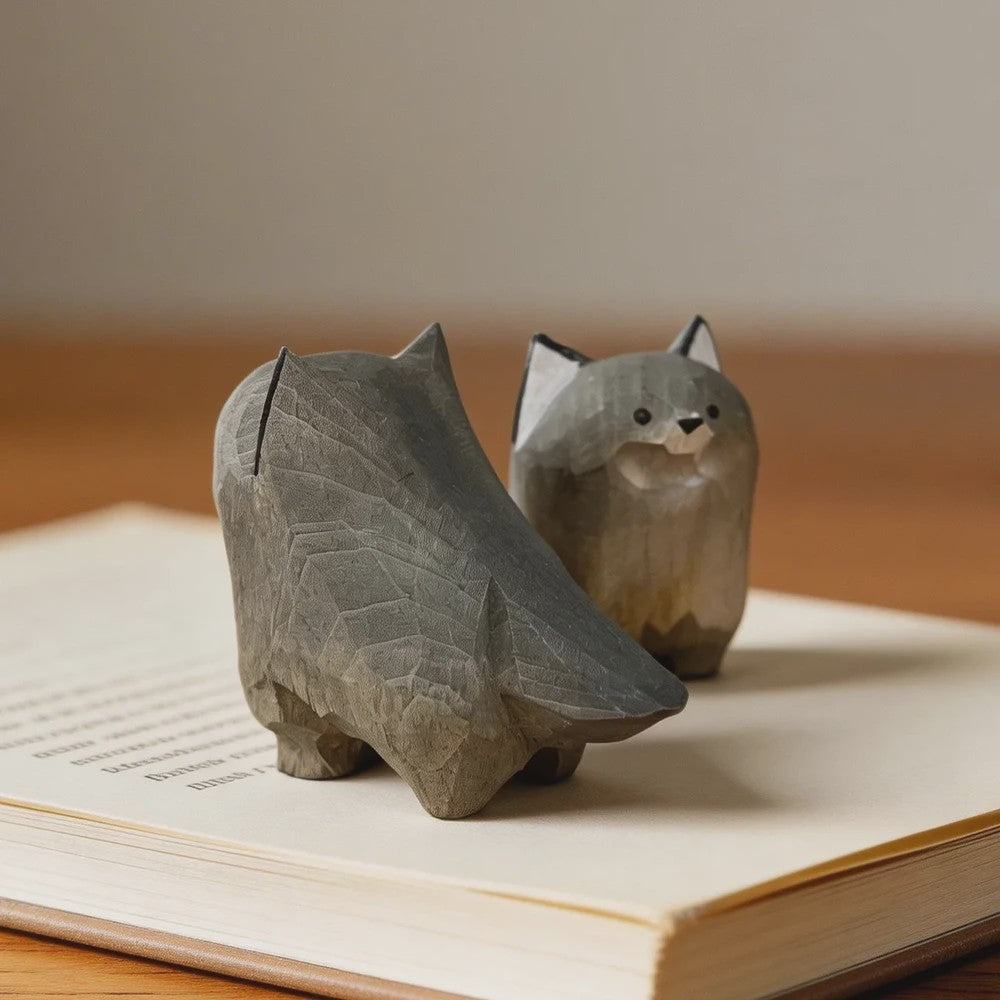 Handgemaakte Houten Mini Wolf Beeldje - Schattig Dieren Decoratie voor Bureau