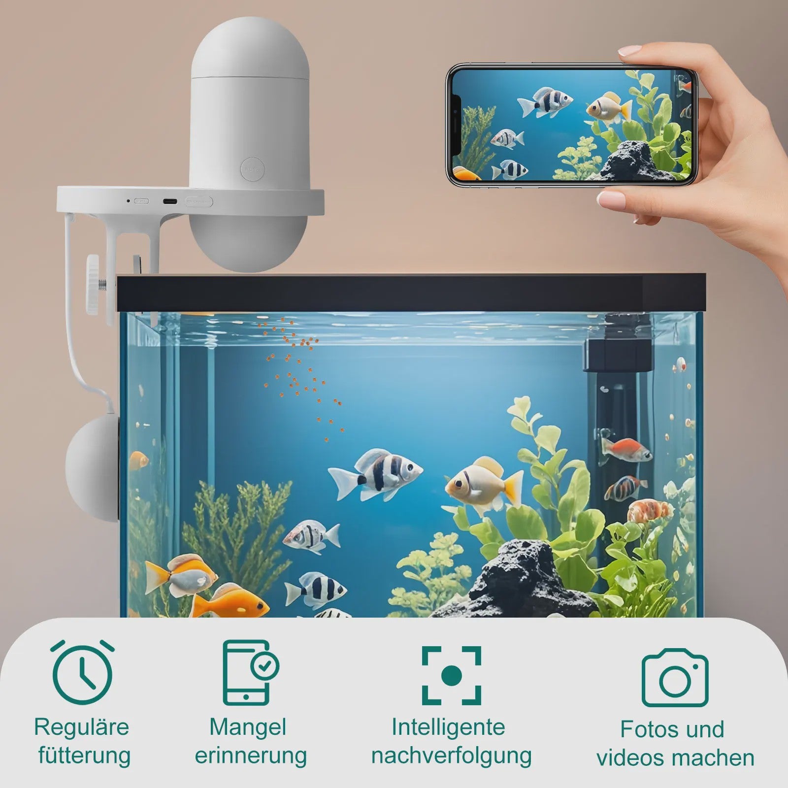 Aquariums Fish Feeder with 2.5K Camera, App Control, Moisture Resistant Holiday Feeder, Precision Feeding System, Visual Monitor