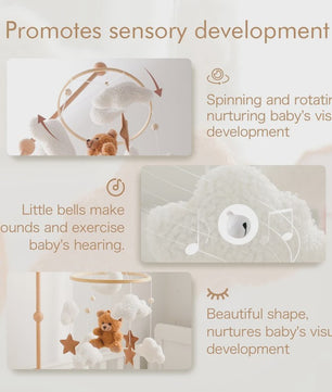 Houten Baby Mobiel voor Ledikant met Teddybeer, Maan en Sterren - Muziek & Rammelaar - Perfect Kraamcadeau
