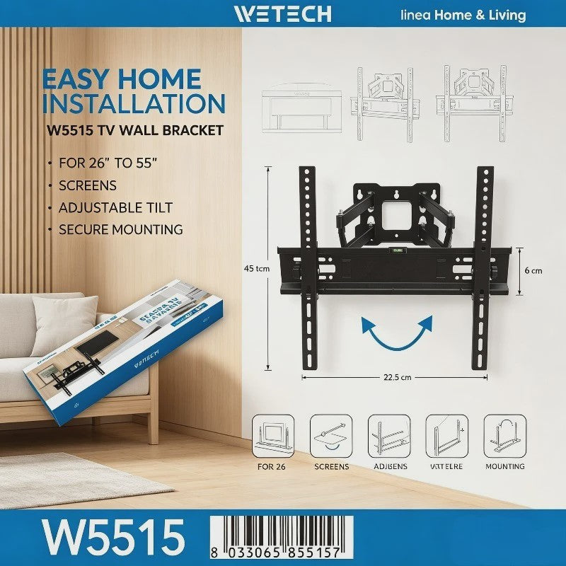 WETECH W5515 TV Muurbeugel: Volledig Beweegbaar voor 26-55 Inch TV's, 25kg Draagkracht, Kantelbaar & VESA Compatibel