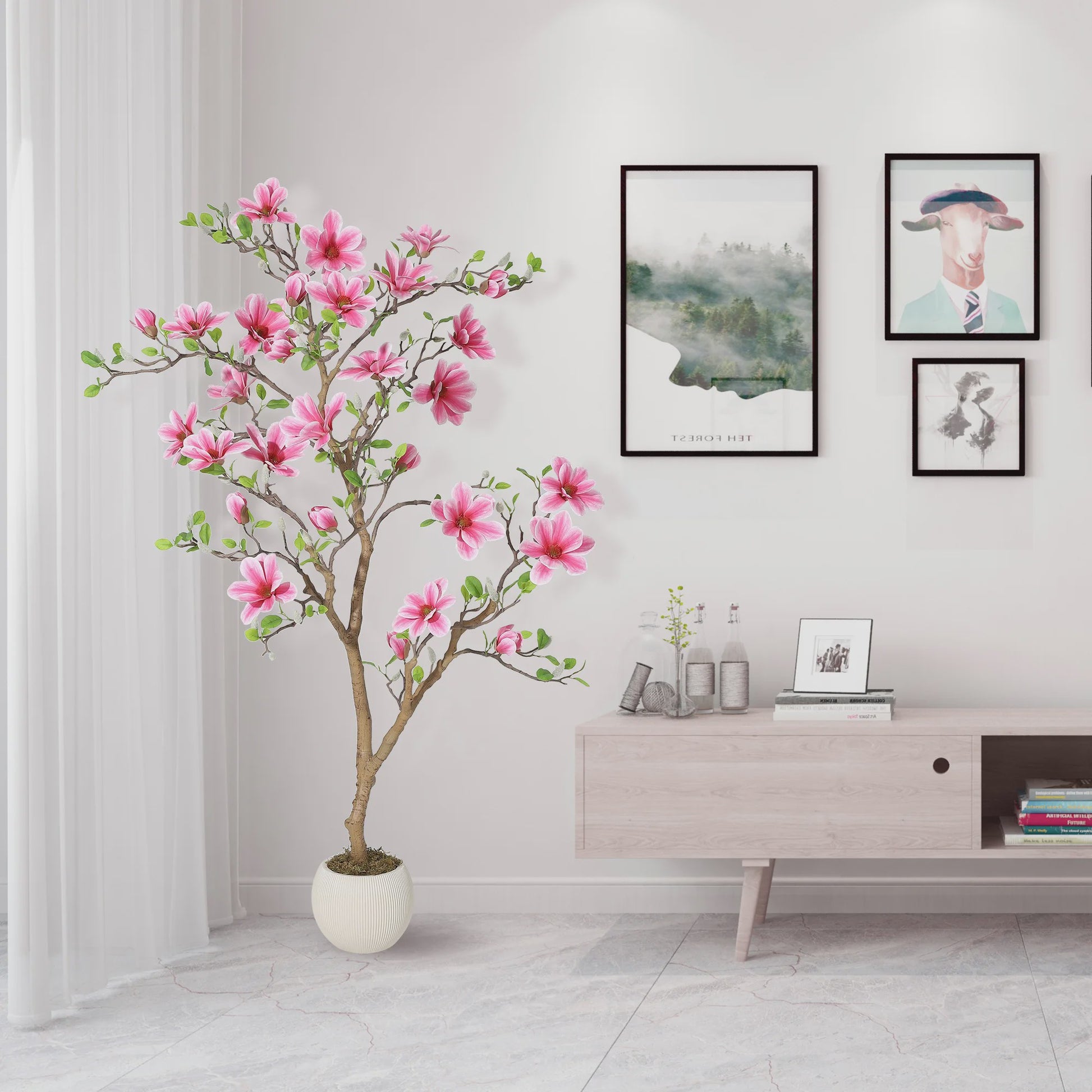 Levensgetrouwe Roze Magnolia Kunstboom - Realistische Zijde Plant in Pot voor Woonkamer Entree