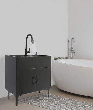 Dubbele RVS Spoelbak met Zwart Wastafelmeubel - Vrijstaand 30-Inch