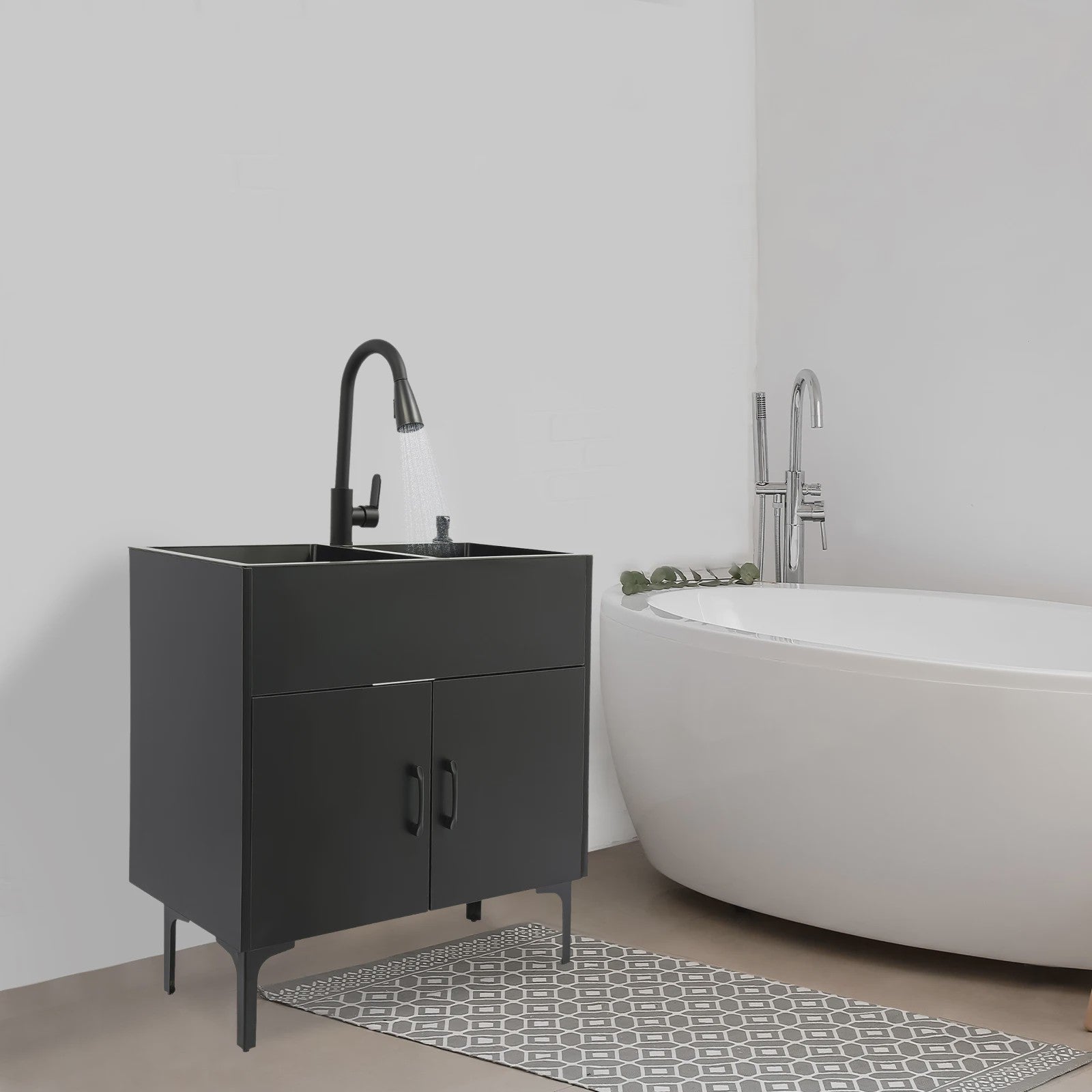 Dubbele RVS Spoelbak met Zwart Wastafelmeubel - Vrijstaand 30-Inch