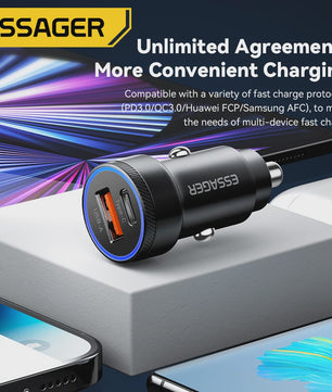 Essager 54W Snellader Auto | PD 3.0 & QC 3.0 | USB-C & USB-A | Snel Opladen Telefoon