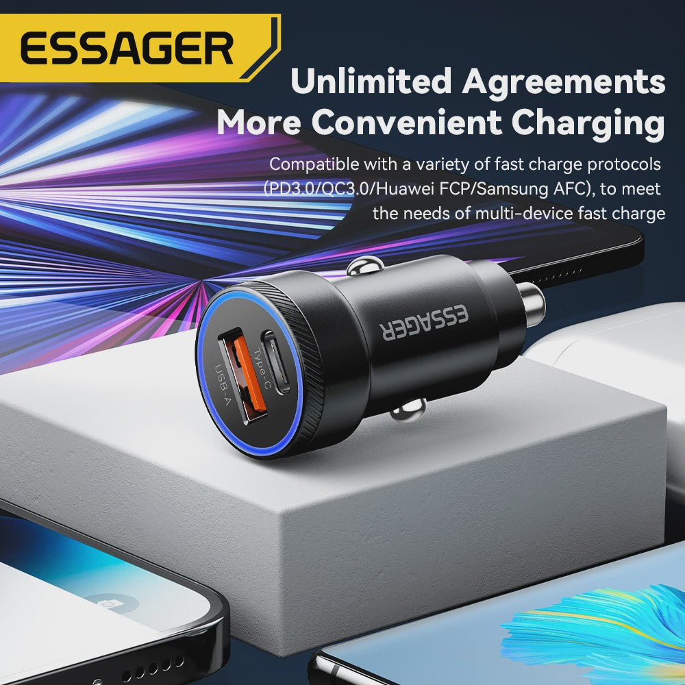 Essager 54W Snellader Auto | PD 3.0 & QC 3.0 | USB-C & USB-A | Snel Opladen Telefoon