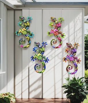 Kleurrijke Metalen Gekko Muurdecoratie - Tropische Hagedis Hangornament voor Buiten & Binnen