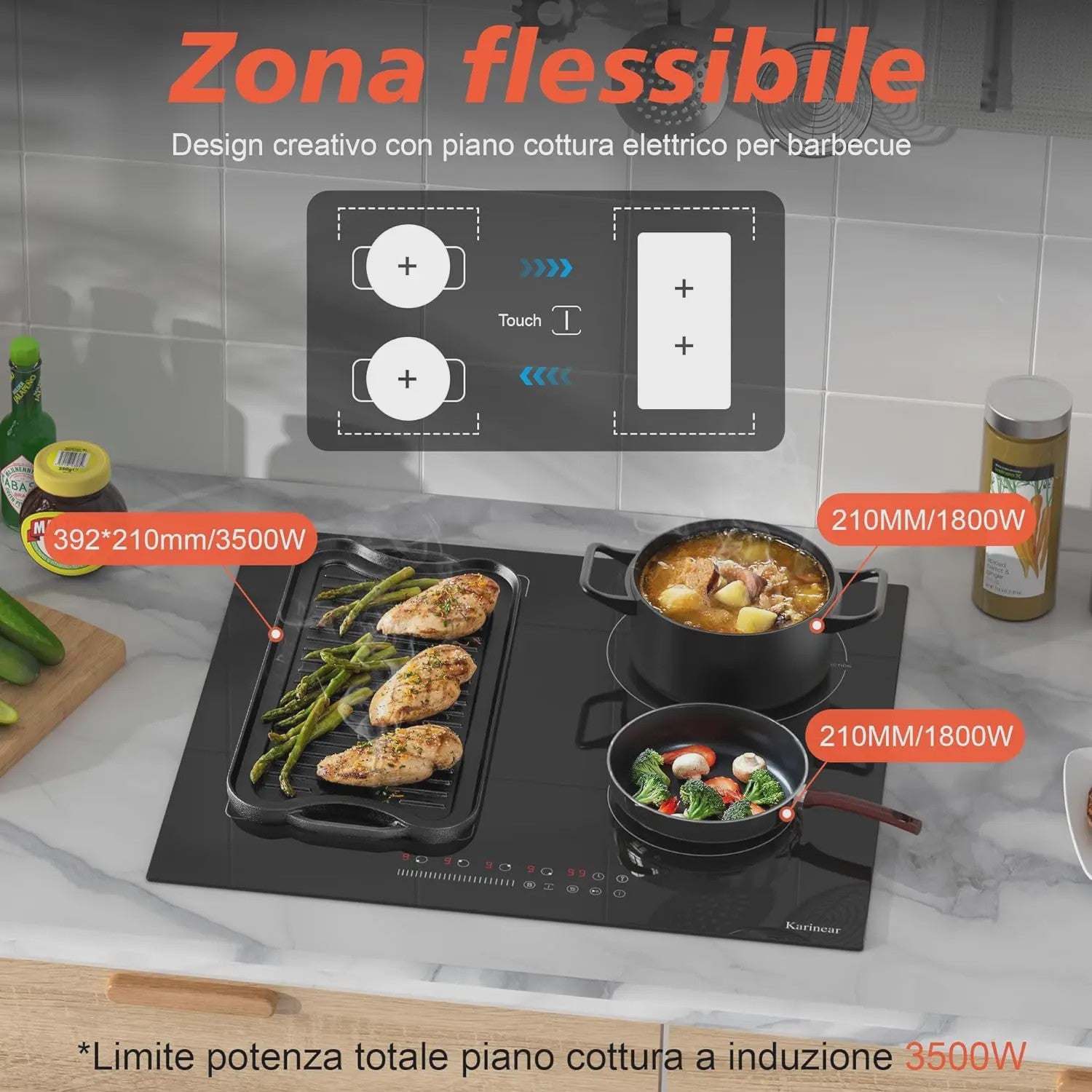 Karinear 60cm Inductie Kookplaat met Flex Zone, 4 Zones, Booster & Timer