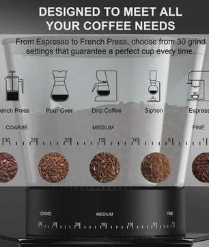 BioloMix Elektrische Koffiemolen met 30 Instellingen & Timer - Perfect voor Espresso, Filterkoffie & Meer