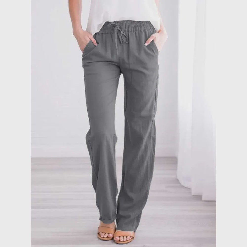 Dames Linnen Broek met Elastische Taille en Koord - Comfortabel en Ademend