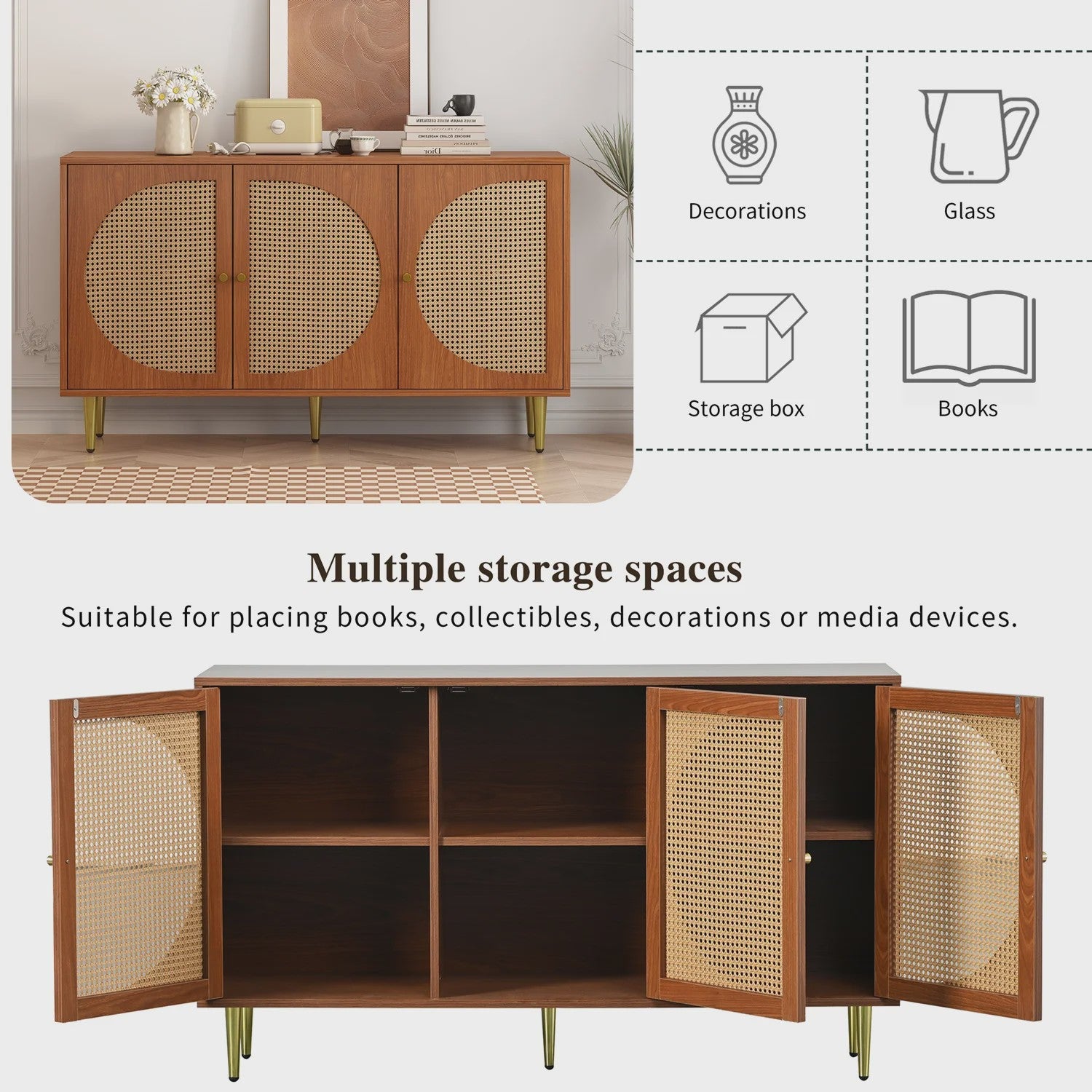 Stijlvol Dressoir met 3 Rotan Deuren en Metalen Handgrepen - Woonkamer & Slaapkamer Kast