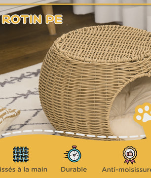 PawHut Kattenmand Niche Rond Rotin PE met Zacht Kussen - Ø 40x30 cm Lichtbruin