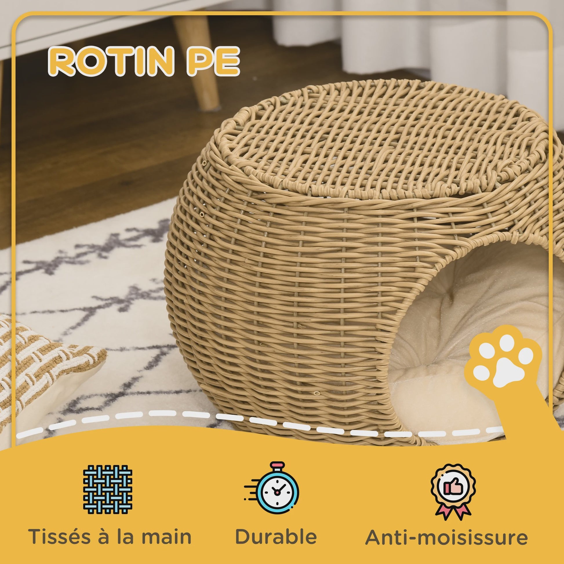PawHut Kattenmand Niche Rond Rotin PE met Zacht Kussen - Ø 40x30 cm Lichtbruin